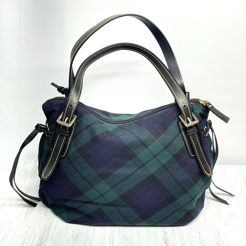 Dooney & Bourke Tartan Large Nina Bag Blue & Green Plaid Canvas Leather Handles - Picture 3 of 16